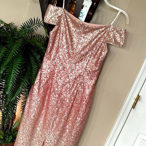 Vince Camuto Off Shoulder Coral Pink Ombre Sequin Dress Midi Sparkly Party - Picture 11 of 15